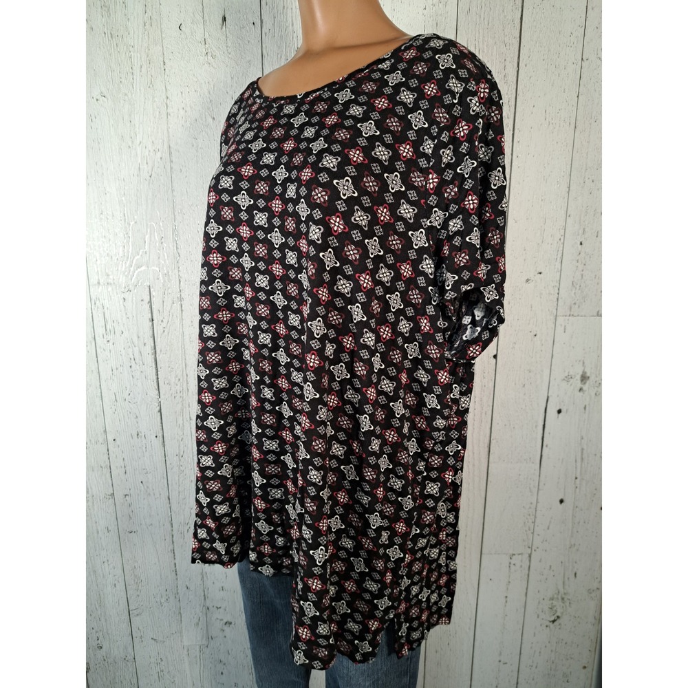 Falls Creek Womens 3X Black‎ Red Medallion Print Rayon Tunic Top Short Sleeve